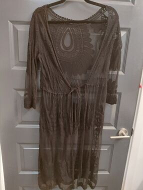 Sheer Embroidered Long Kimono Cover-Up in Black